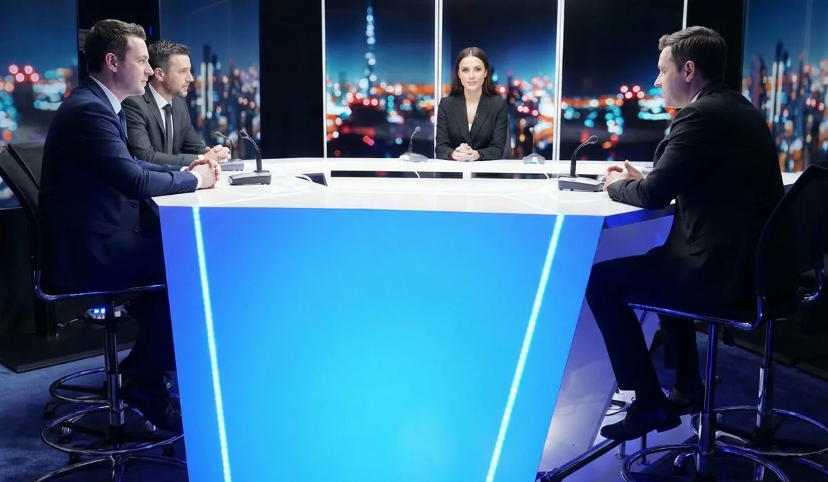 Quatre intervenants réunis autour du plateau TV du studio Le 264 à Paris
