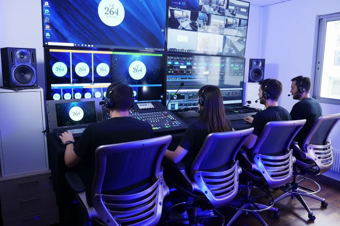 Équipe de production devant les écrans de la régie du 264