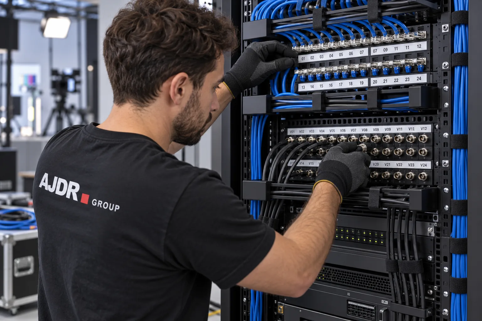 Technicien en t-shirt AJDR GROUP raccordant les câbles SDI et réseau dans un rack audiovisuel équipé de panneaux de brassage.