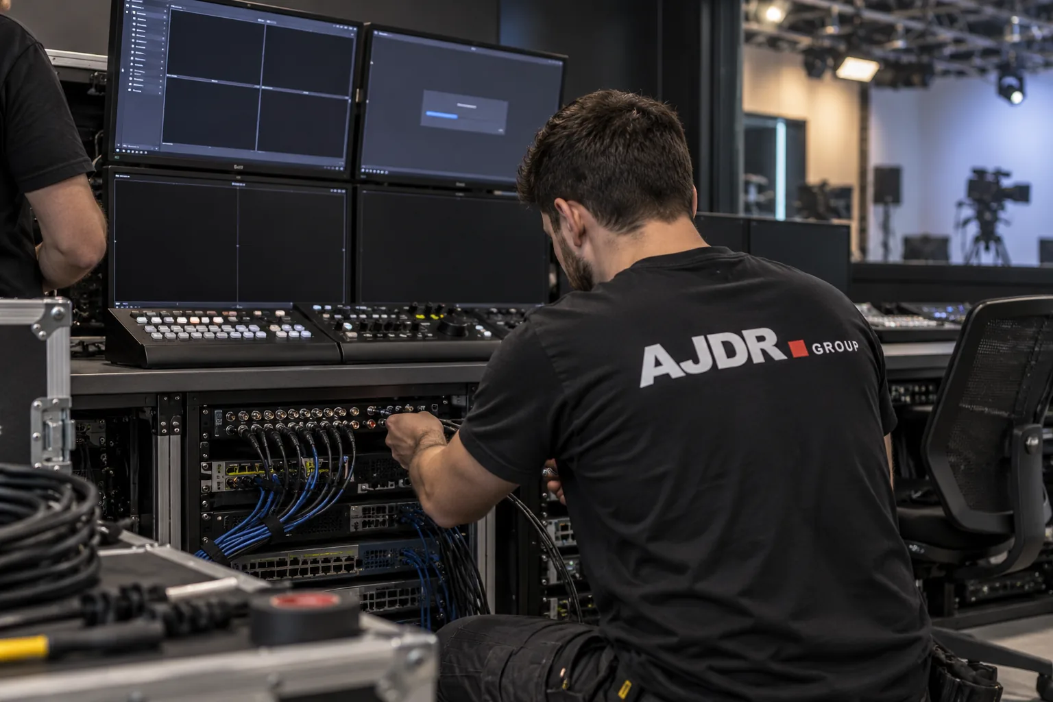 Technicien en t-shirt AJDR GROUP réalisant le câblage des équipements de régie sous une console vidéo et plusieurs moniteurs.