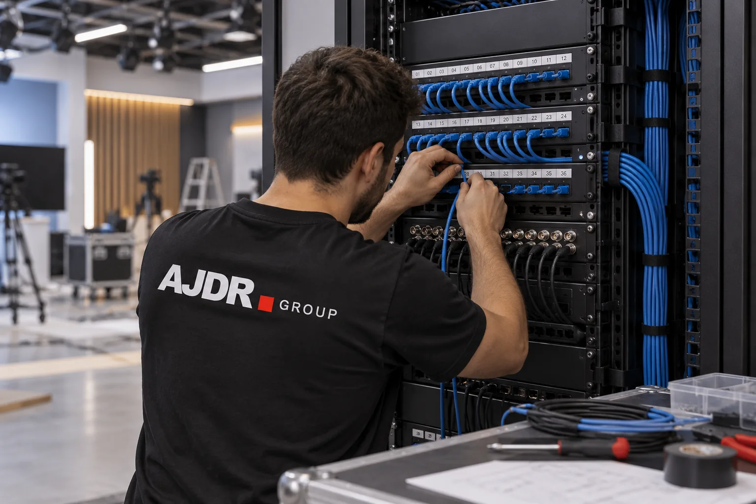 Technicien en t-shirt AJDR GROUP raccordant et organisant les câbles réseau et vidéo dans une baie de brassage de studio.