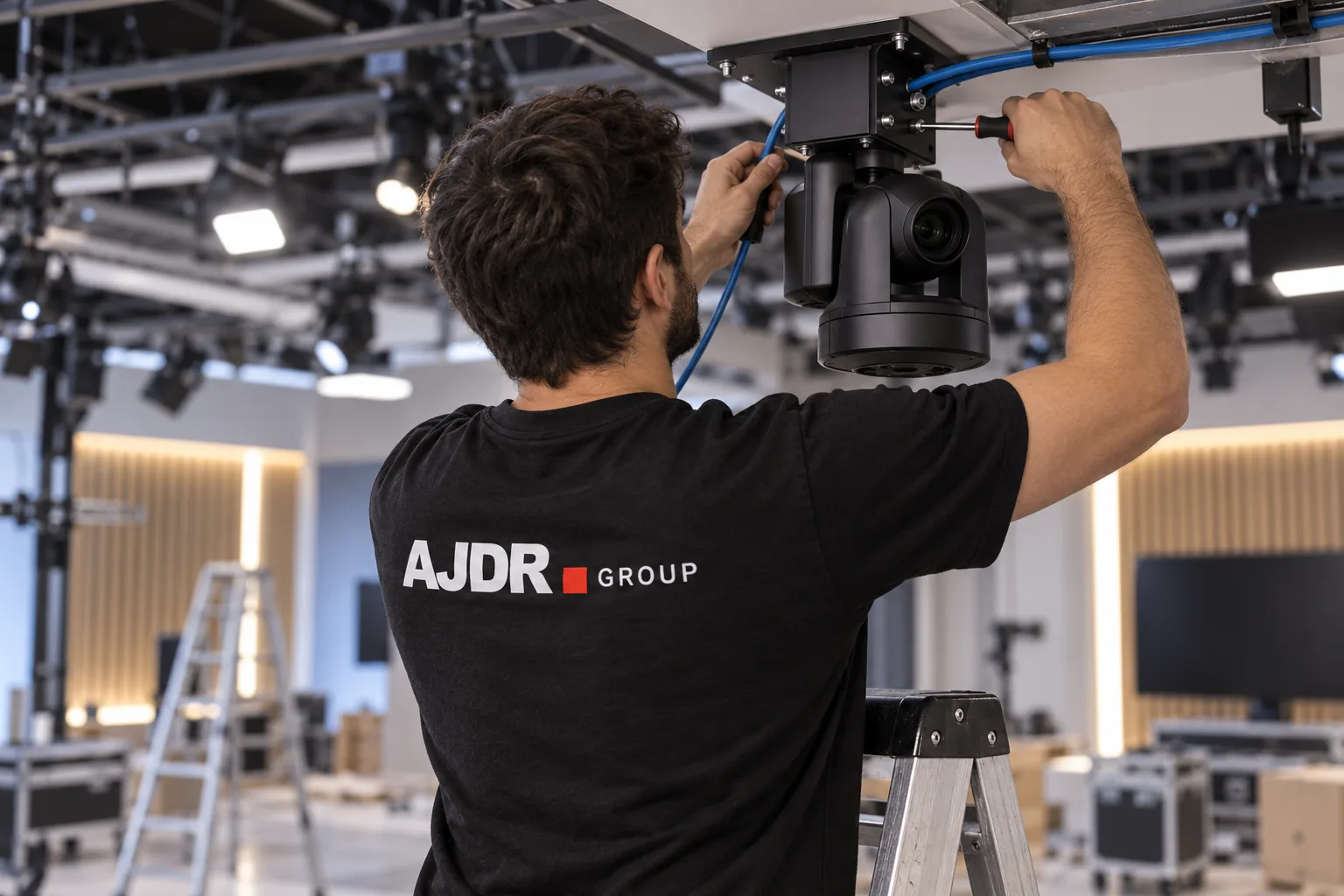 Technicien en t-shirt AJDR GROUP fixant une caméra motorisée PTZ sur un support de plafond et guidant son câble réseau.